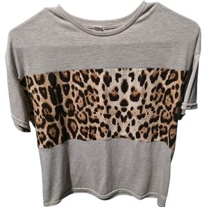 SHEIN Brown Short Sleeve Tee with Leopard Print Panel